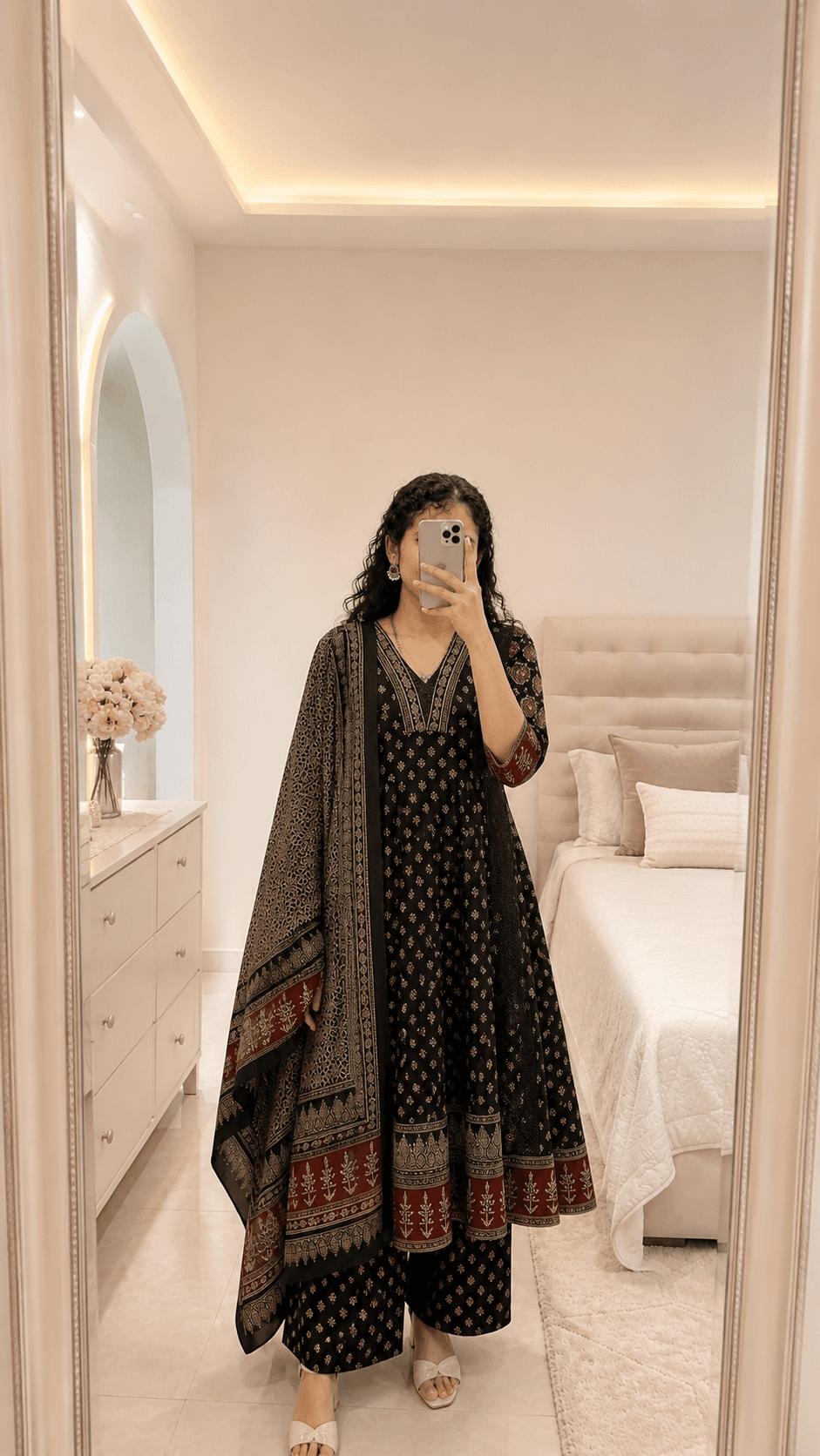 KLOSIA black printed anarkali set styled in a mirror selfie