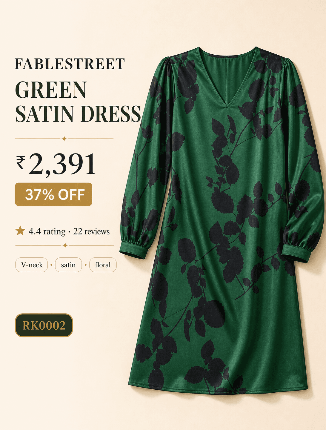 RK0002 FableStreet green satin dress detail slide