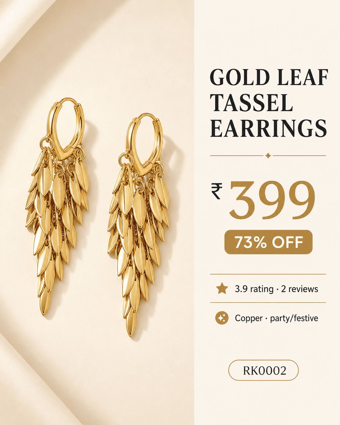 RK0002 gold leaf tassel earrings detail slide