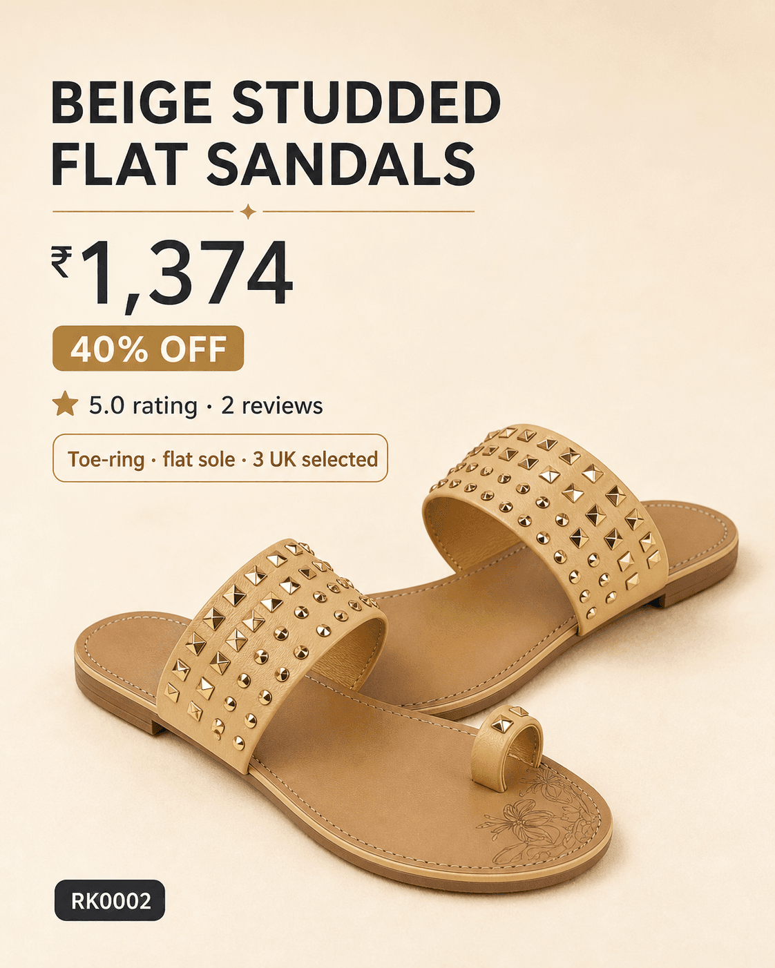 RK0002 beige studded flat sandals detail slide